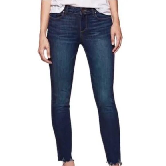 Paige Hoxton Ankle High Rise Skinny Jeans Raw Hem Distressed Dark Wash Plus 32 - Picture 1 of 12
